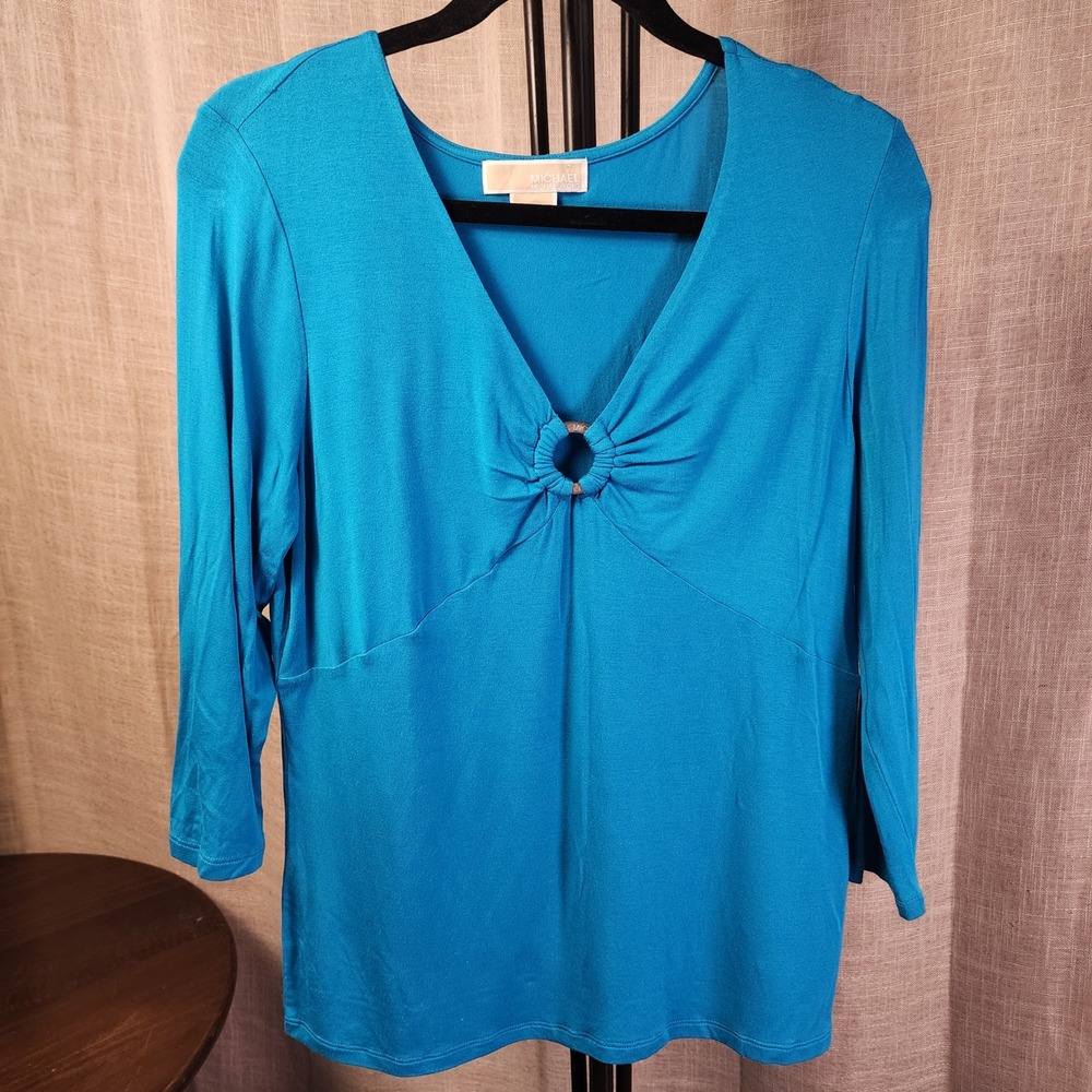 MICHAEL Michael Kors Top L Teal V-Neck O-Ring 3/4 Sleeve Rayon